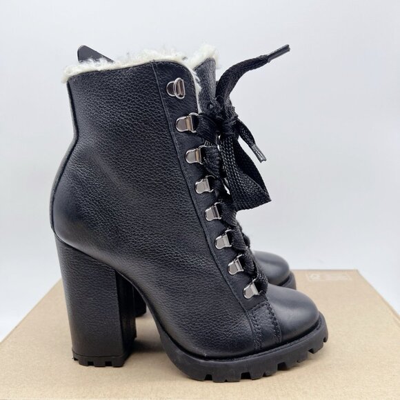 Schutz Zhara Combat Platform Heel Boots Black Leather Lace Up Shearling US 5.5 - Picture 7 of 13